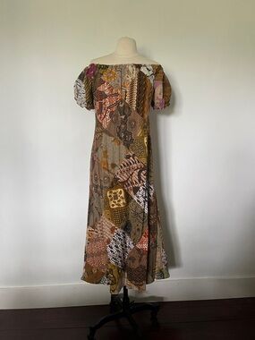 Off-Shoulder Patchwork Maxi Dress in Brown Multi